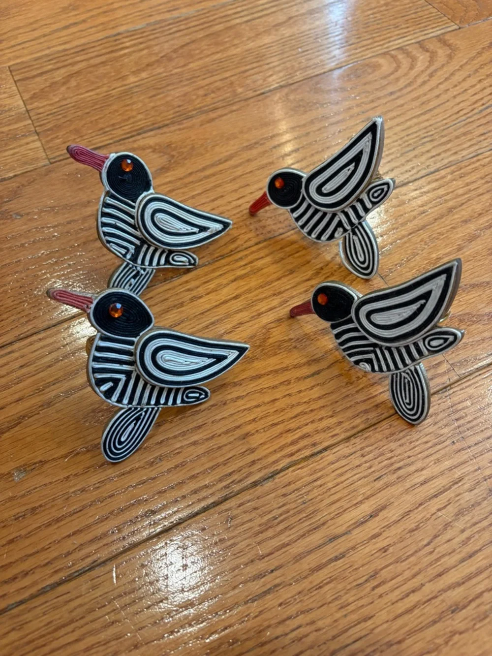 Boho Folk Art Bird Napkin Rings Set of 4 Black White Red Beaded Rustic Decor